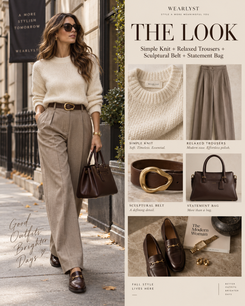 Simple Knit + Relaxed Trousers + Sculptural Belt + Statement Bag