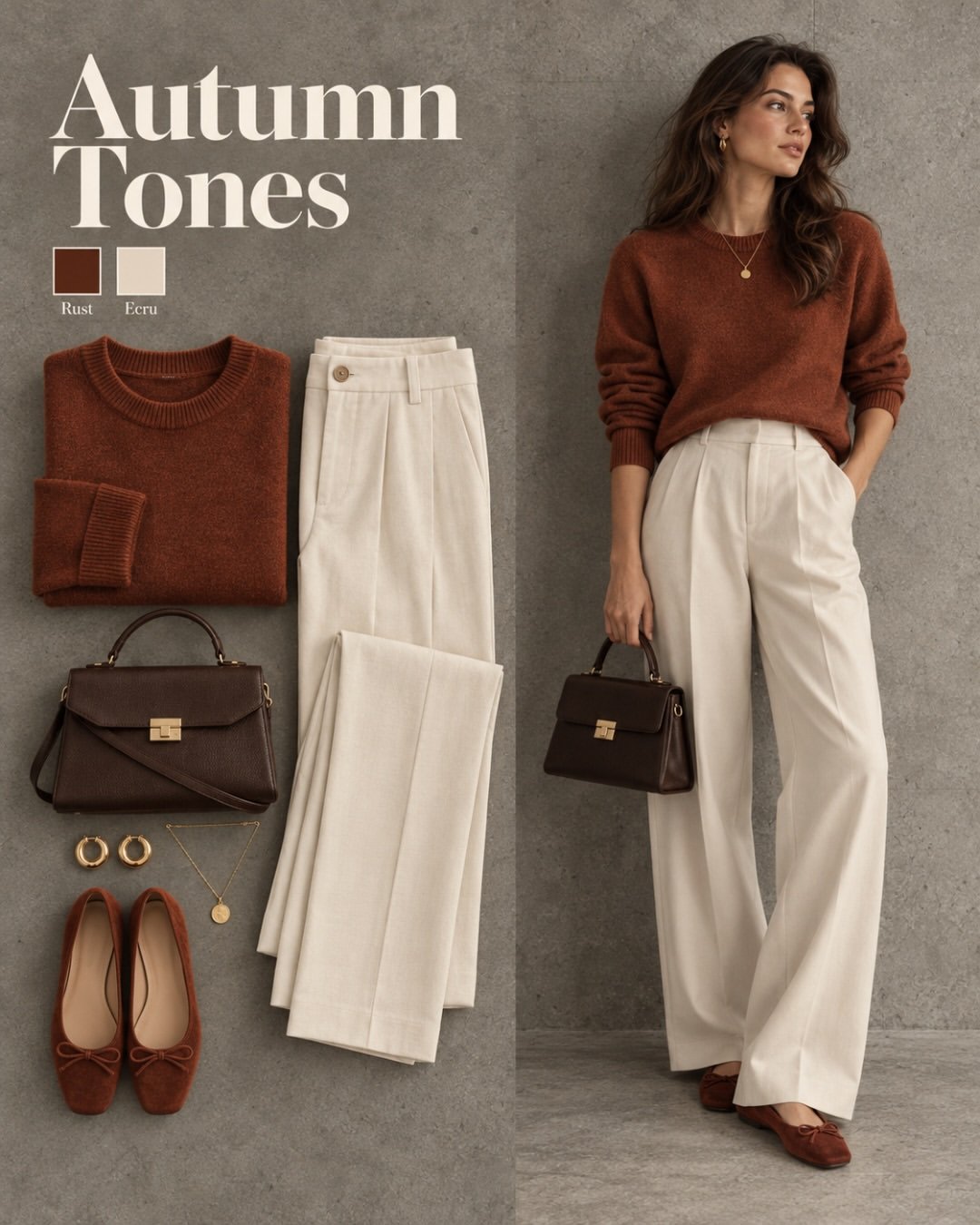 Autumn Tones fall outfit: rust crewneck sweater with ecru wide-leg trousers, dark brown bag and rust suede ballet flats