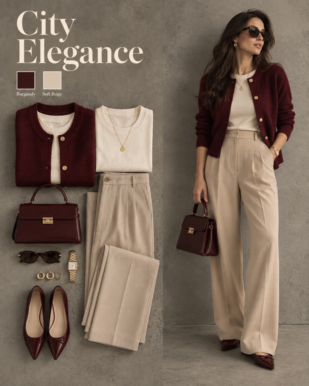 City Elegance fall outfit: burgundy cardigan, cream tee and soft beige wide-leg trousers with burgundy top-handle bag and bow flats