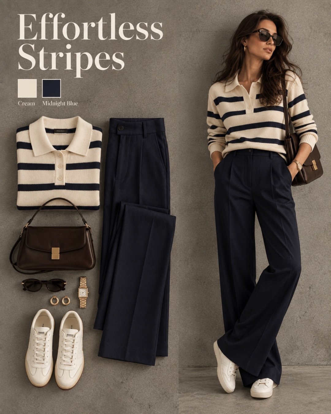 Effortless Stripes fall outfit: cream and navy striped knit polo with navy wide-leg trousers, brown shoulder bag and white sneakers