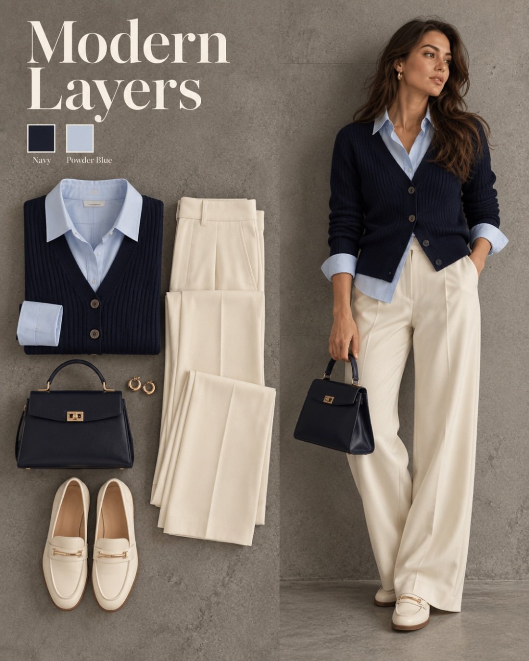 Modern Layers fall outfit: navy ribbed cardigan over a powder blue shirt with cream wide-leg trousers and cream loafers