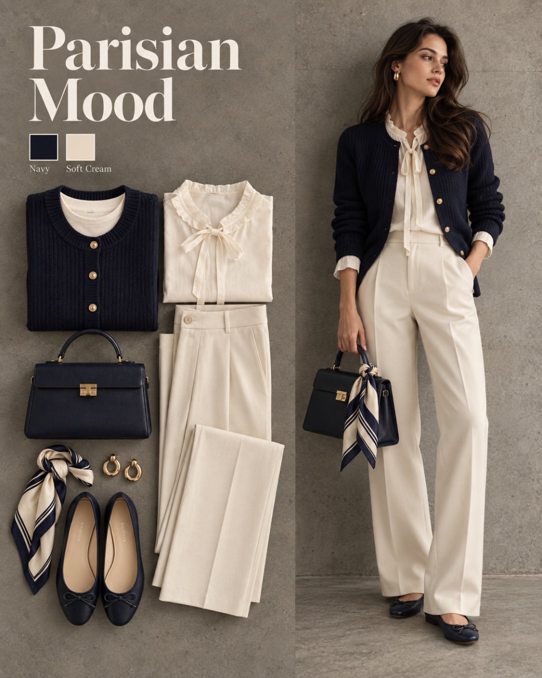 Parisian Mood fall outfit: navy gold-button cardigan over a cream bow blouse with cream trousers, navy bag, silk scarf and navy ballet flats