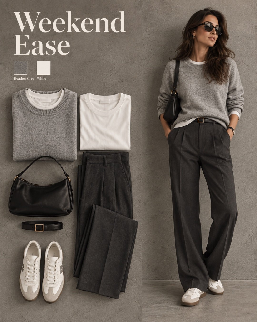 Weekend Ease fall outfit: heather grey sweater over a white tee with charcoal pleated trousers, black shoulder bag and white sneakers
