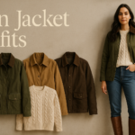 Barn jacket outfits: olive, tan and brown barn jackets with a model wearing an olive barn jacket, cream sweater, jeans and riding boots