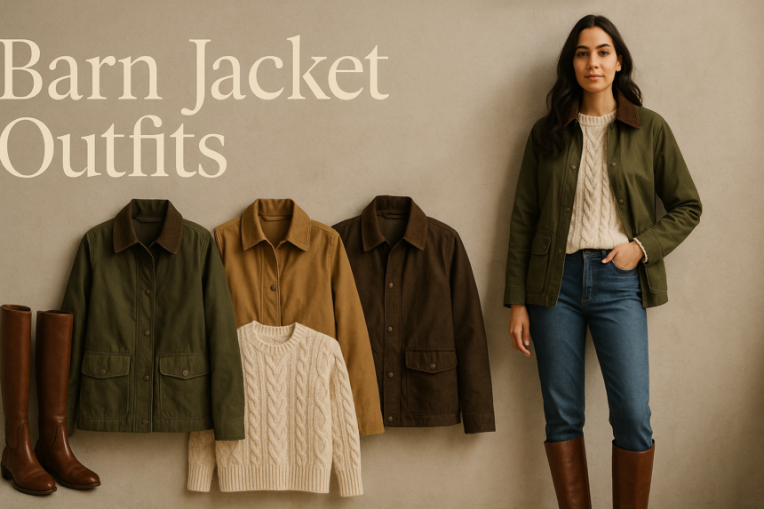Barn jacket outfits: olive, tan and brown barn jackets with a model wearing an olive barn jacket, cream sweater, jeans and riding boots