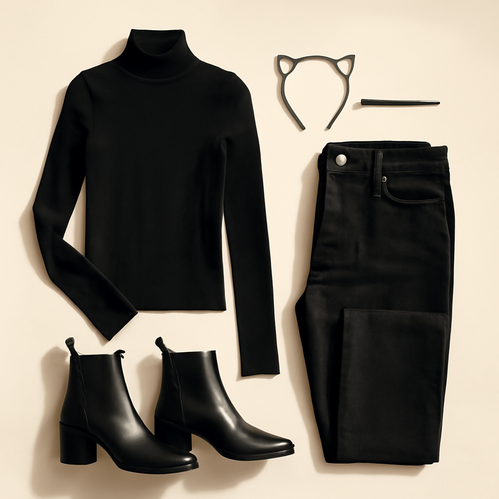 Black Cat Halloween outfit: black turtleneck, black jeans, black ankle boots and a cat-ear headband