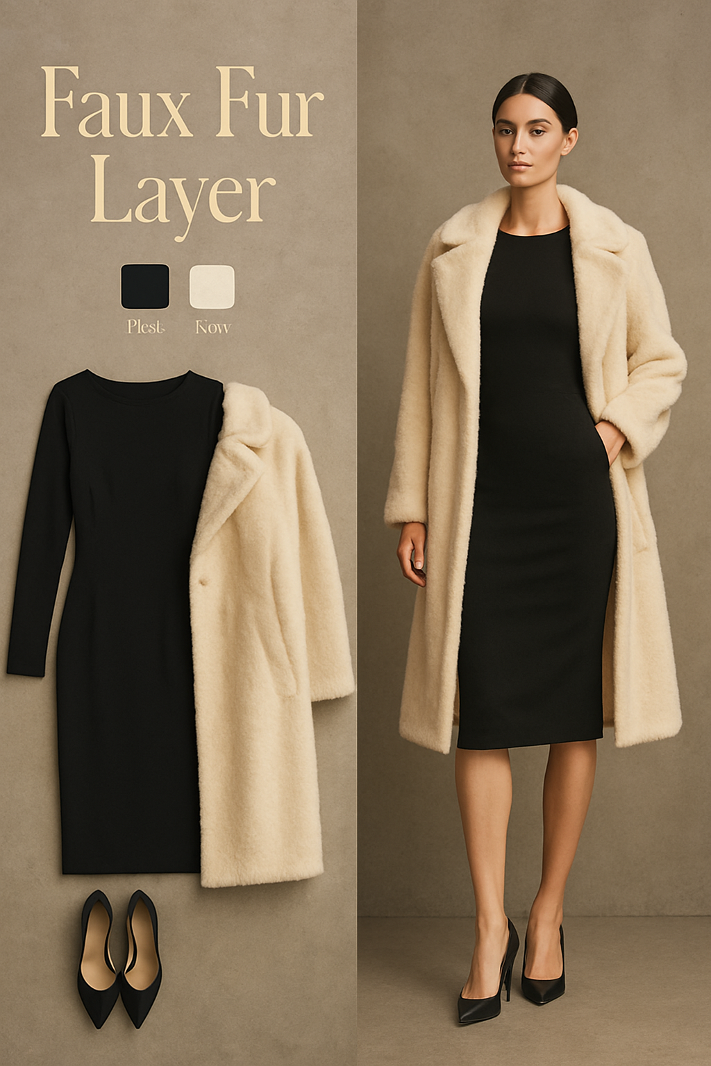 Black cocktail dress with an ivory faux fur coat