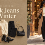 Black jeans outfits for women with warm winter layers