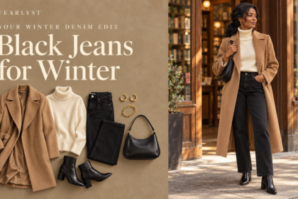 Black jeans outfits for women with warm winter layers