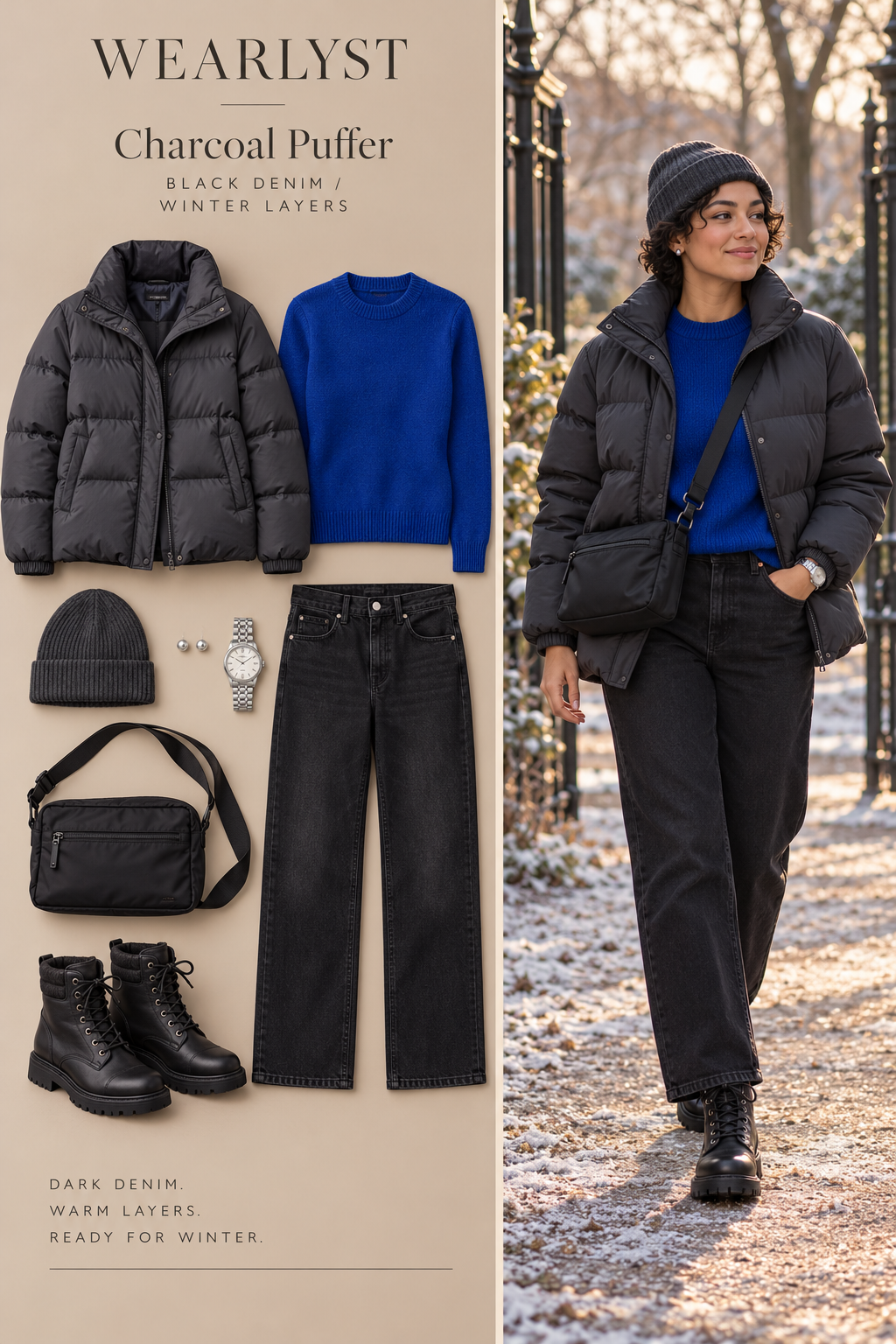 black relaxed straight-leg cotton denim jeans, a cobalt blue merino crewneck sweater, a charcoal nylon puffer coat