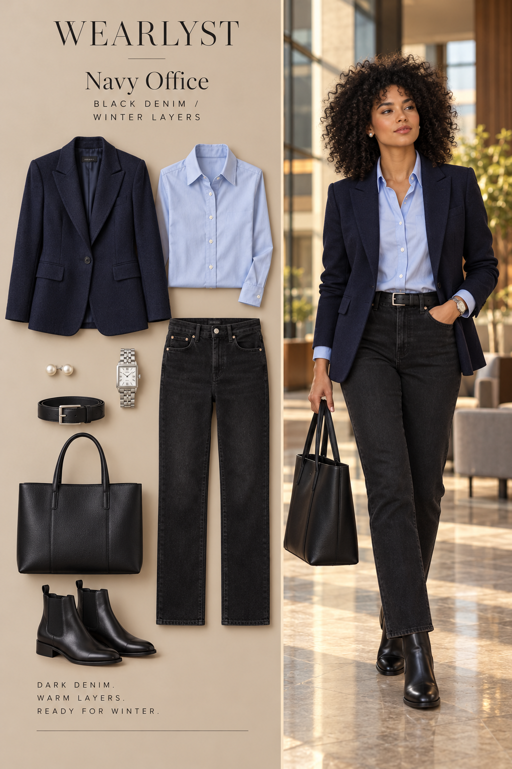 black slim-straight cotton denim jeans, a pale blue cotton button-down shirt, a navy wool blazer