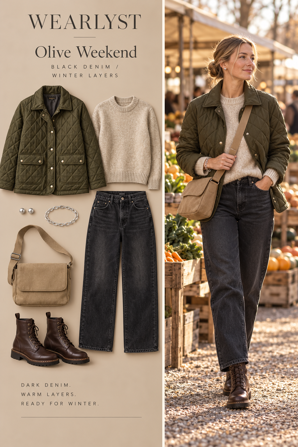 washed black relaxed cotton denim jeans, an oatmeal wool crewneck sweater, an olive cotton quilted jacket