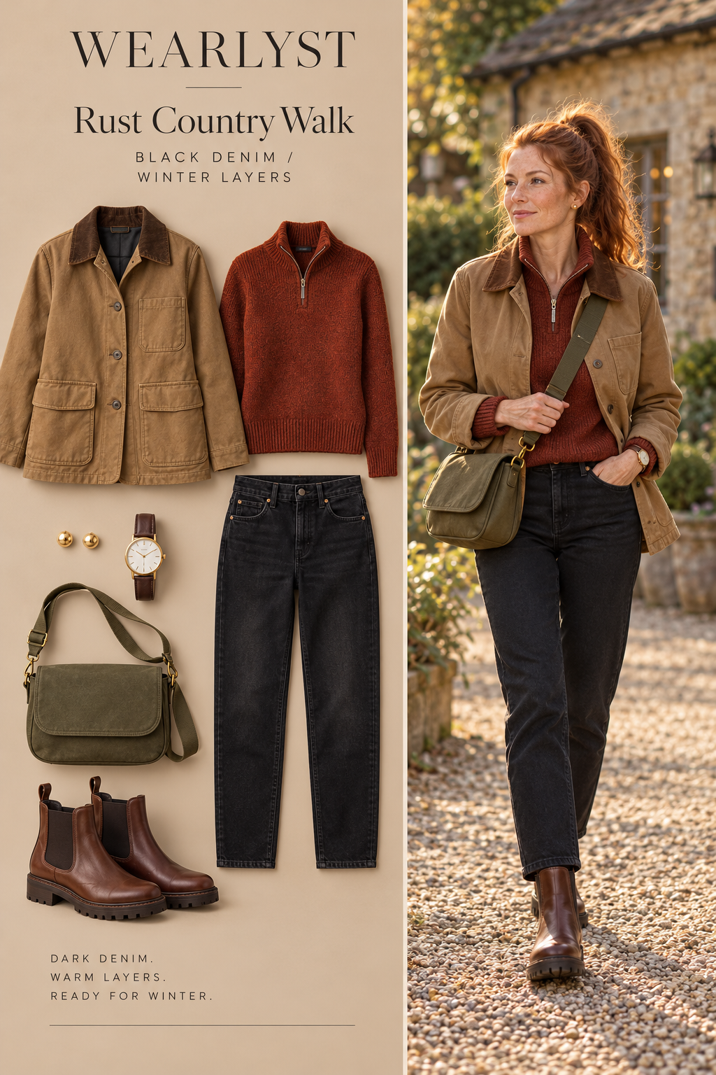 black tapered cotton denim jeans, a rust wool half-zip sweater, a tan cotton canvas barn jacket