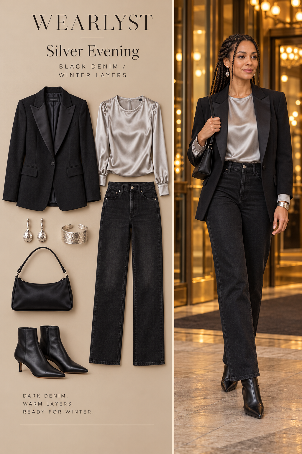 black straight-leg cotton denim jeans, a silver satin long-sleeve blouse, a black wool tuxedo-style blazer