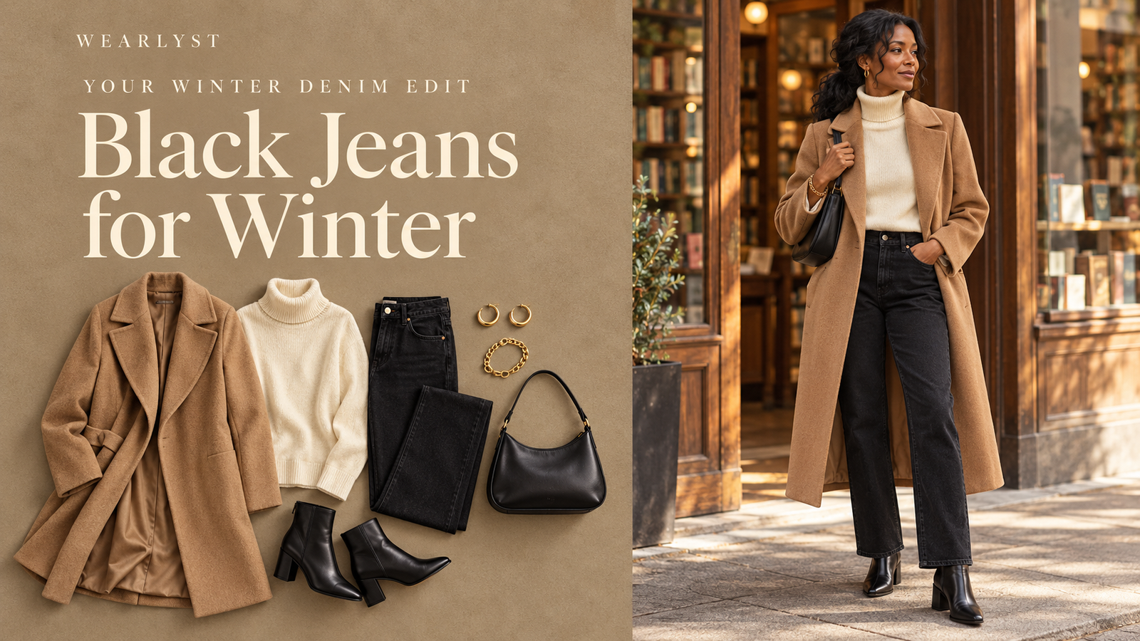Black jeans outfits for women with warm winter layers