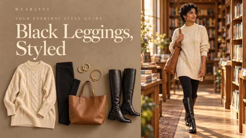 Black leggings outfits for women with cozy knits and practical boots