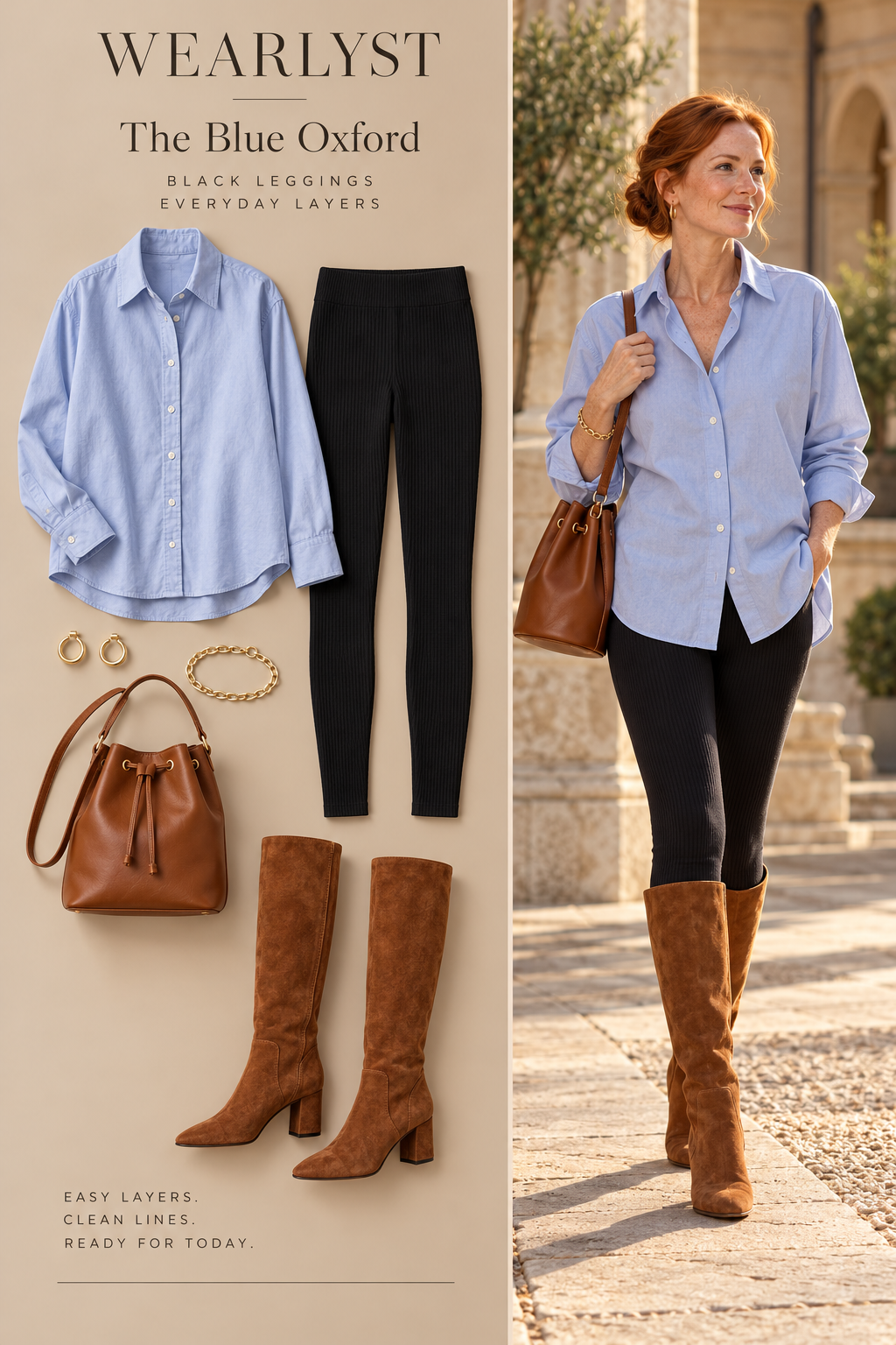 pale blue cotton oversized Oxford shirt, black full-length rib-knit leggings, small gold hoop earrings