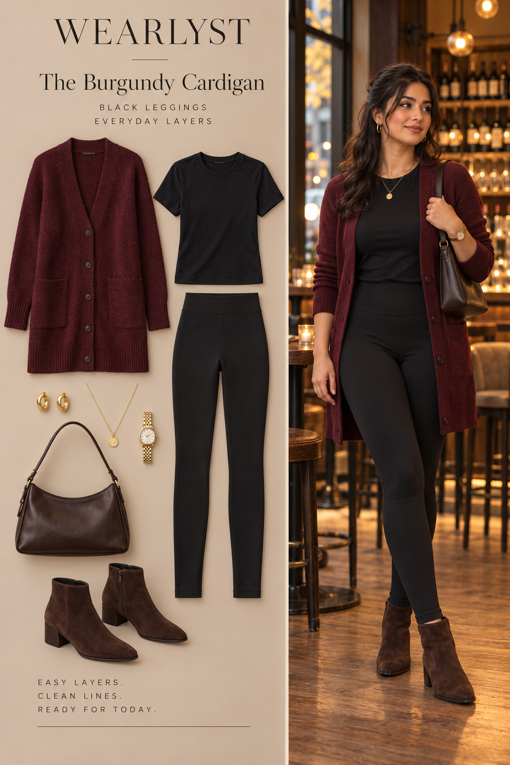 burgundy wool longline button-front cardigan, black cotton crewneck T-shirt, matte black full-length ponte leggings