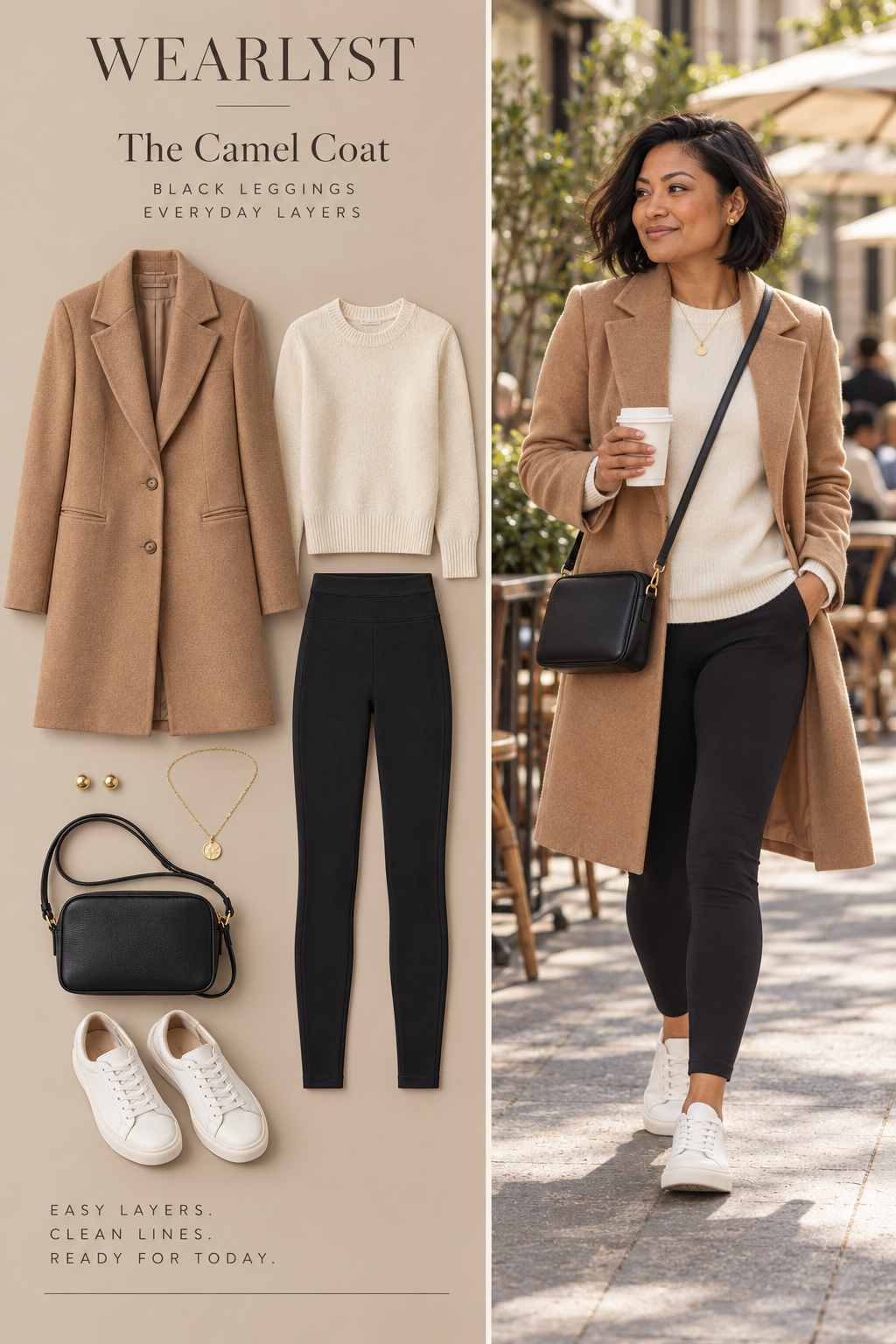 camel wool knee-length coat, ivory merino crewneck sweater, matte black ankle-length jersey leggings