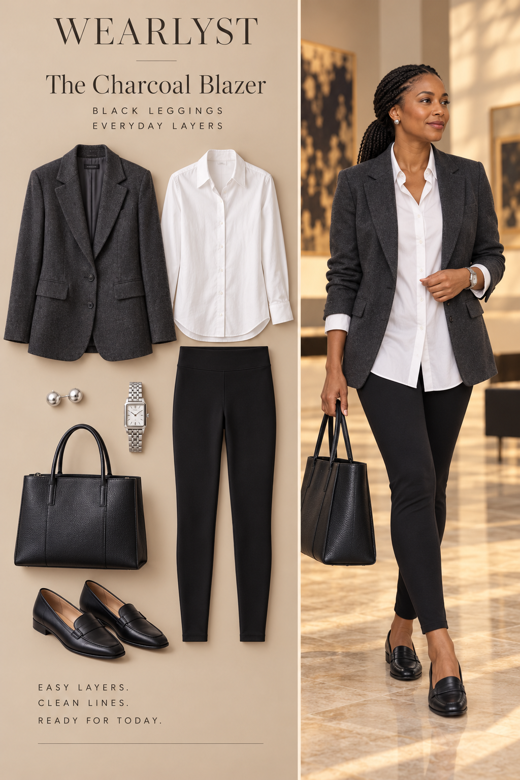 charcoal wool-blend relaxed blazer, white cotton longline button-down shirt, opaque black full-length ponte leggings