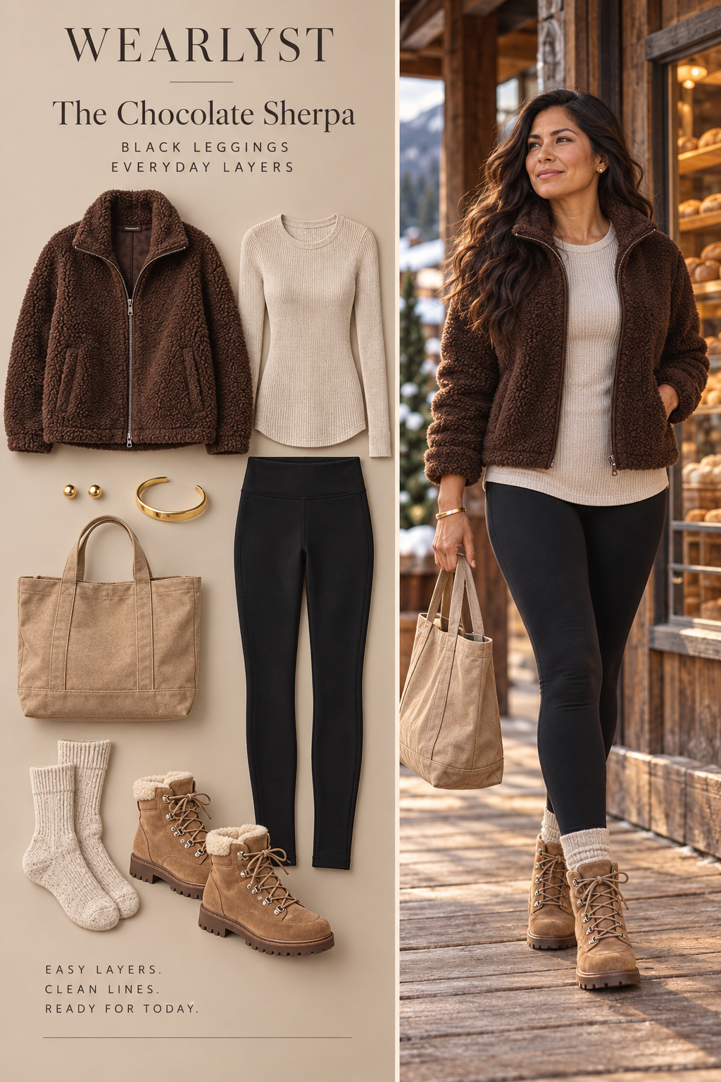 chocolate brown sherpa fleece zip jacket, oatmeal cotton longline thermal top, black fleece-lined full-length leggings