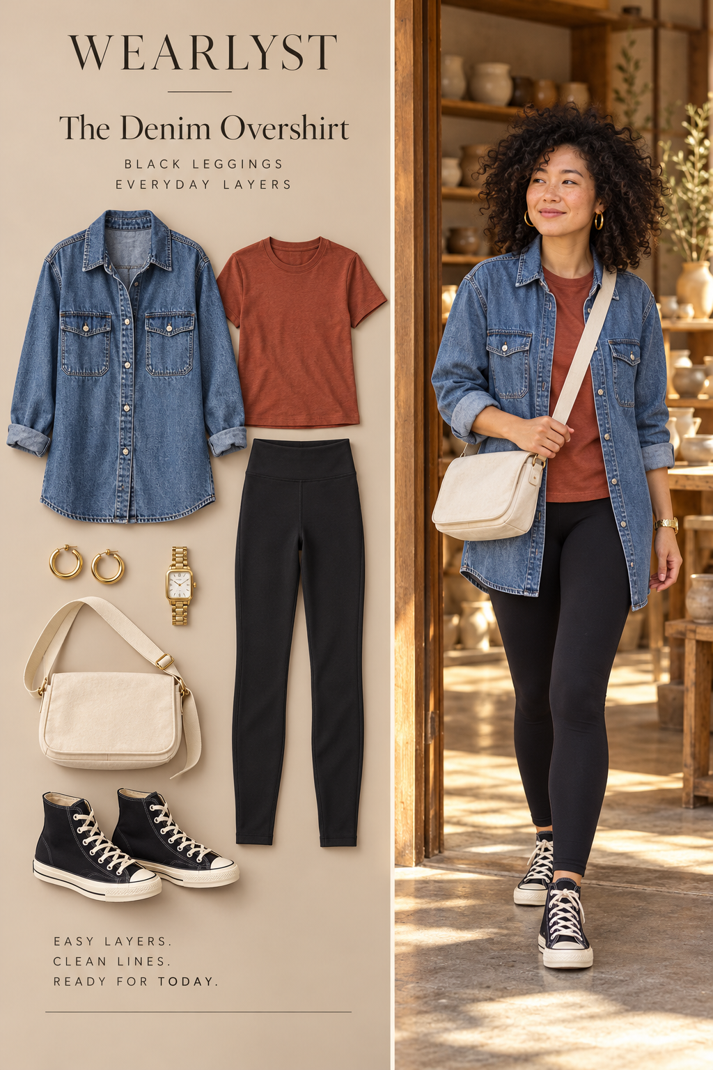 medium-wash cotton longline denim overshirt, rust cotton crewneck T-shirt, matte black full-length stretch leggings