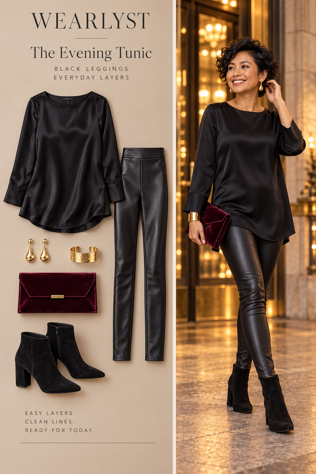 black satin long-sleeve hip-covering tunic blouse, black full-length faux-leather leggings, gold drop earrings