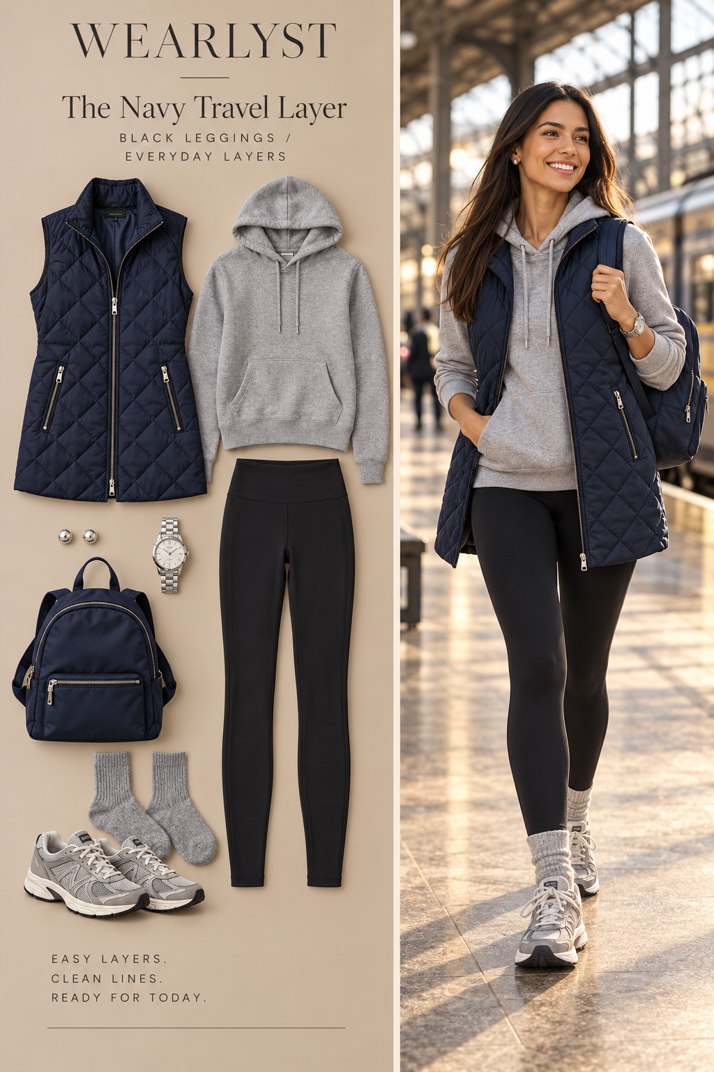 navy quilted nylon longline vest, heather gray cotton hooded sweatshirt, black full-length stretch jersey leggings