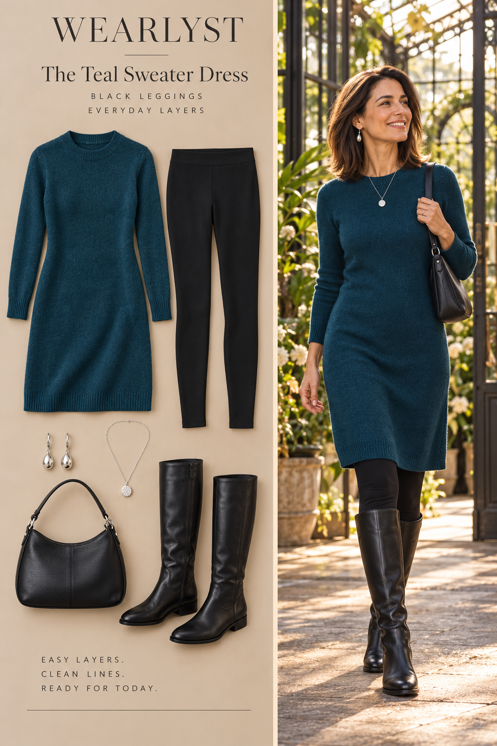 deep teal wool-blend knee-length sweater dress, black full-length cotton-blend leggings, silver drop earrings
