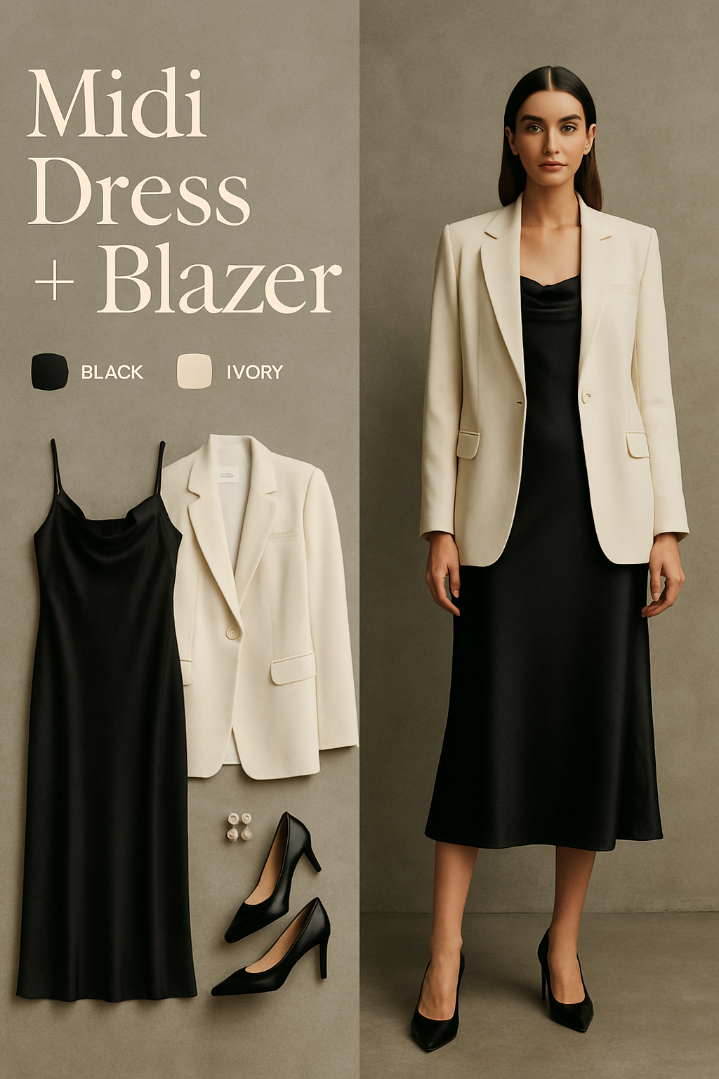 Black satin midi dress layered under an ivory blazer