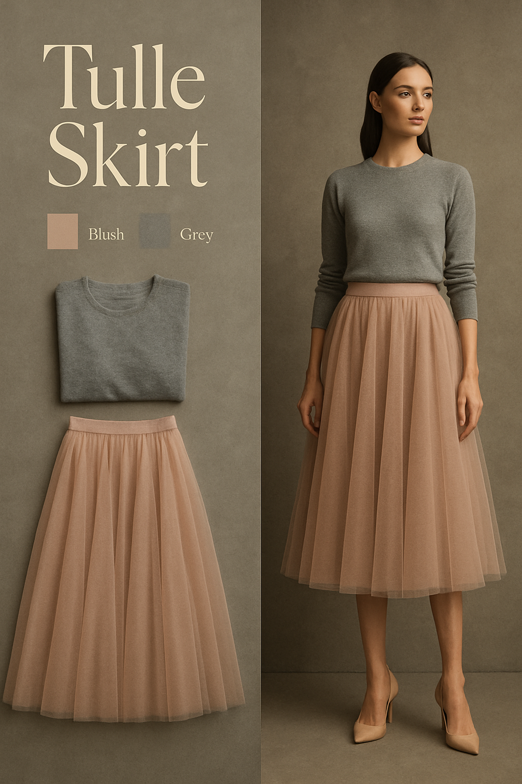 Blush tulle midi skirt with a grey fine-knit sweater