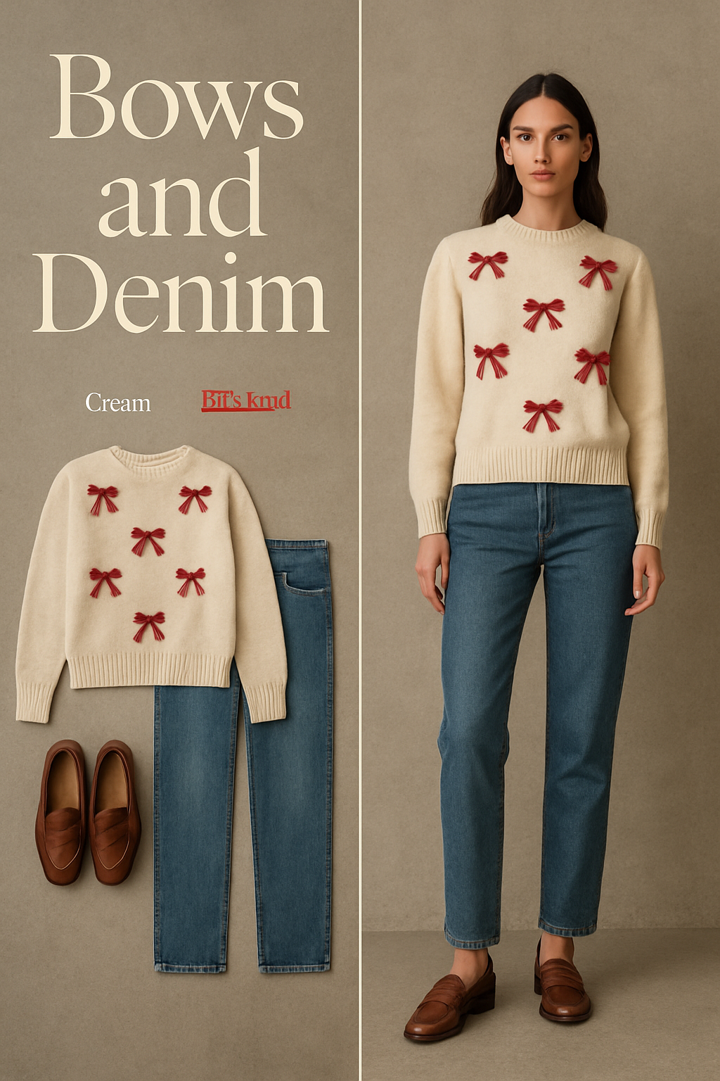 Cream Christmas sweater with red bow details and straight jeans