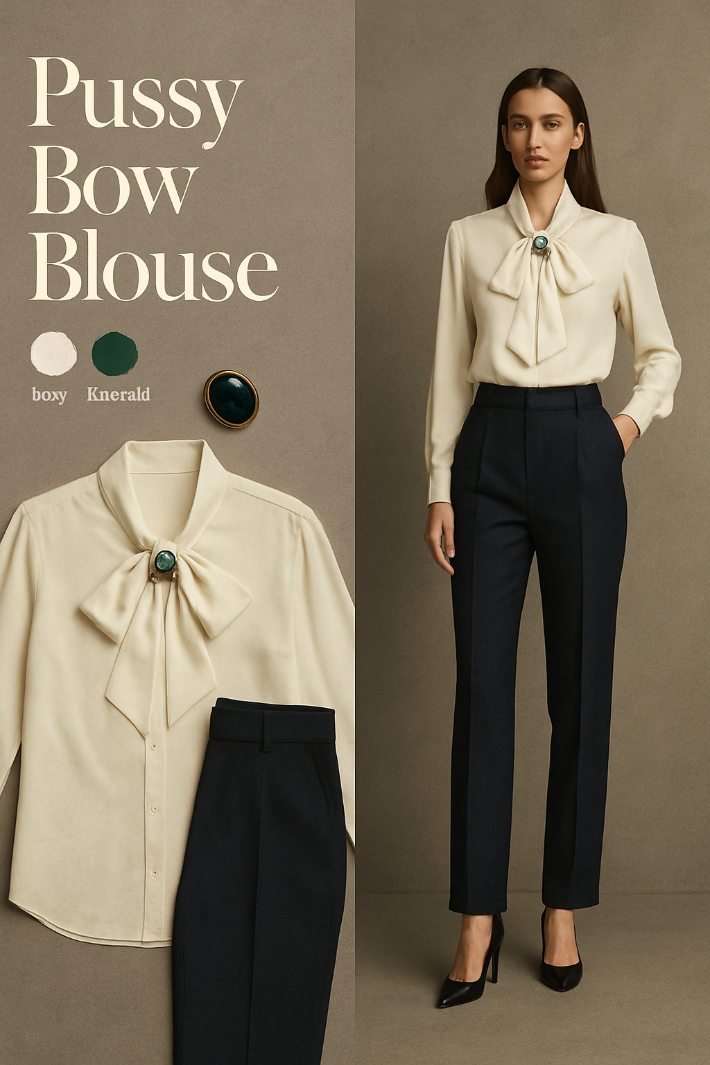 Emerald brooch at the center of an ivory bow-neck blouse