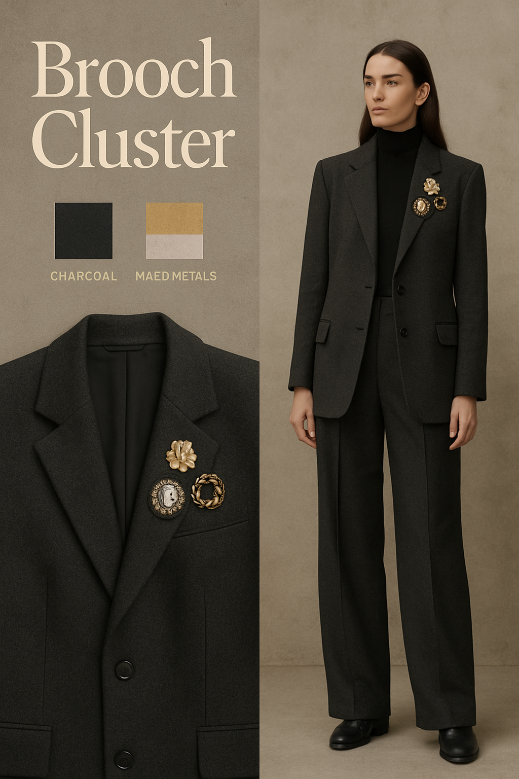 Three mixed vintage brooches grouped on a charcoal wool blazer lapel