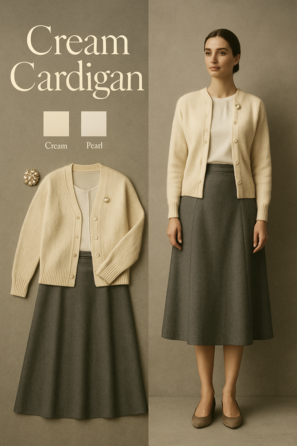Pearl brooch pinned on a cream cardigan collar