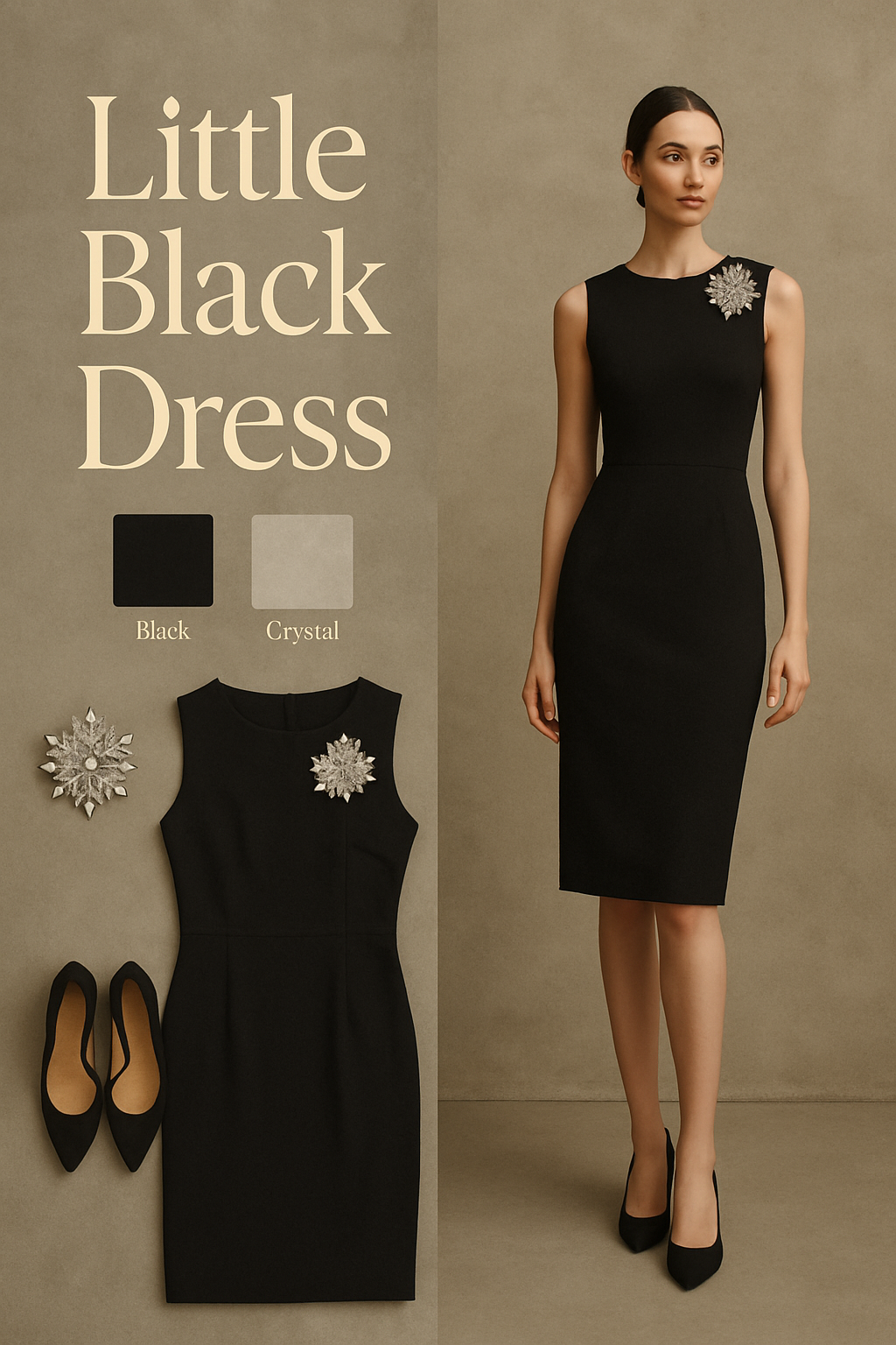 Crystal statement brooch on the shoulder of a little black dress