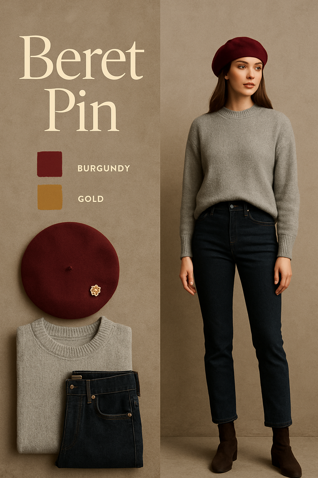 Gold brooch pinned on a burgundy wool beret