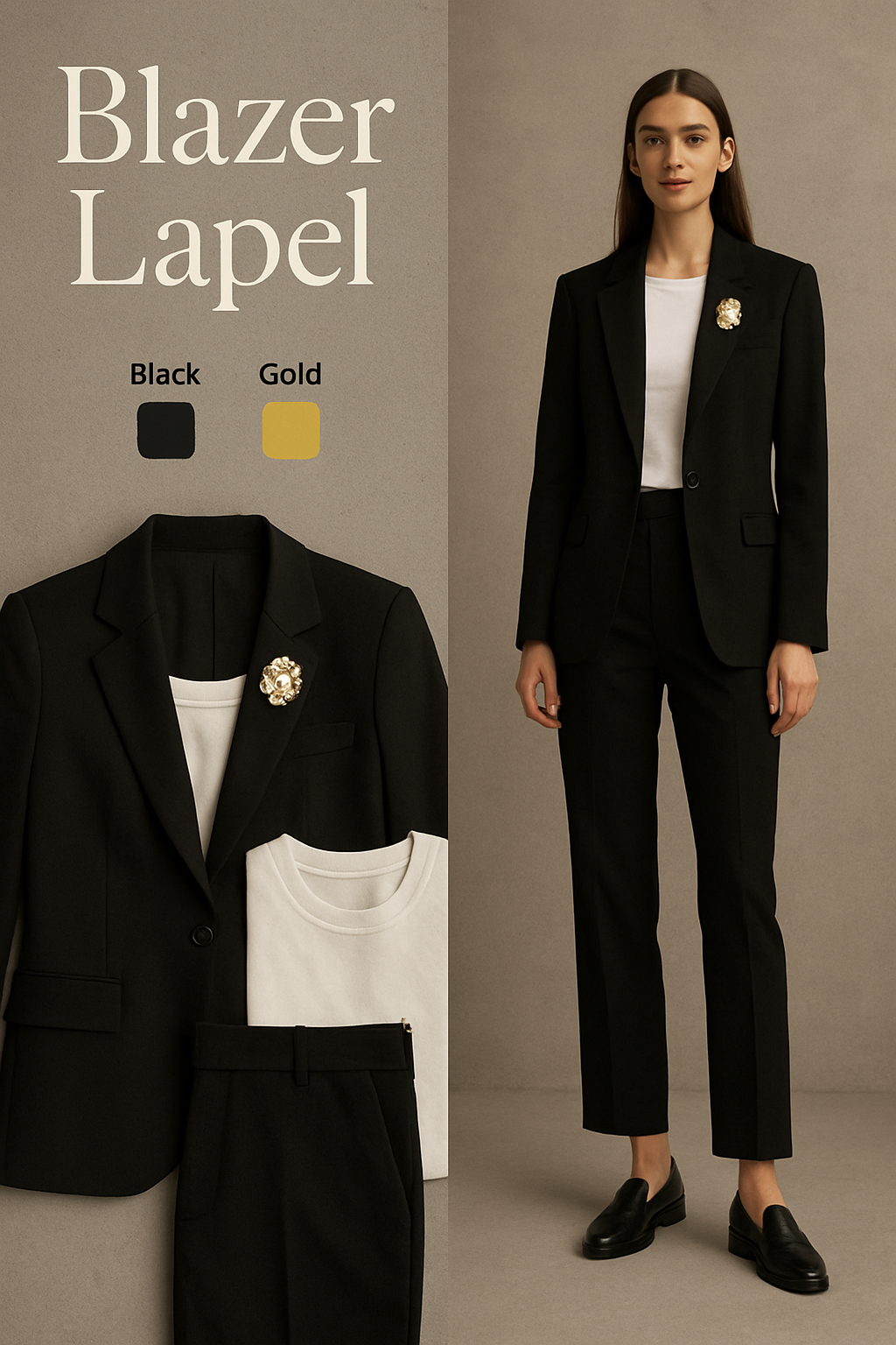 Pearl and gold brooch pinned on a black blazer lapel