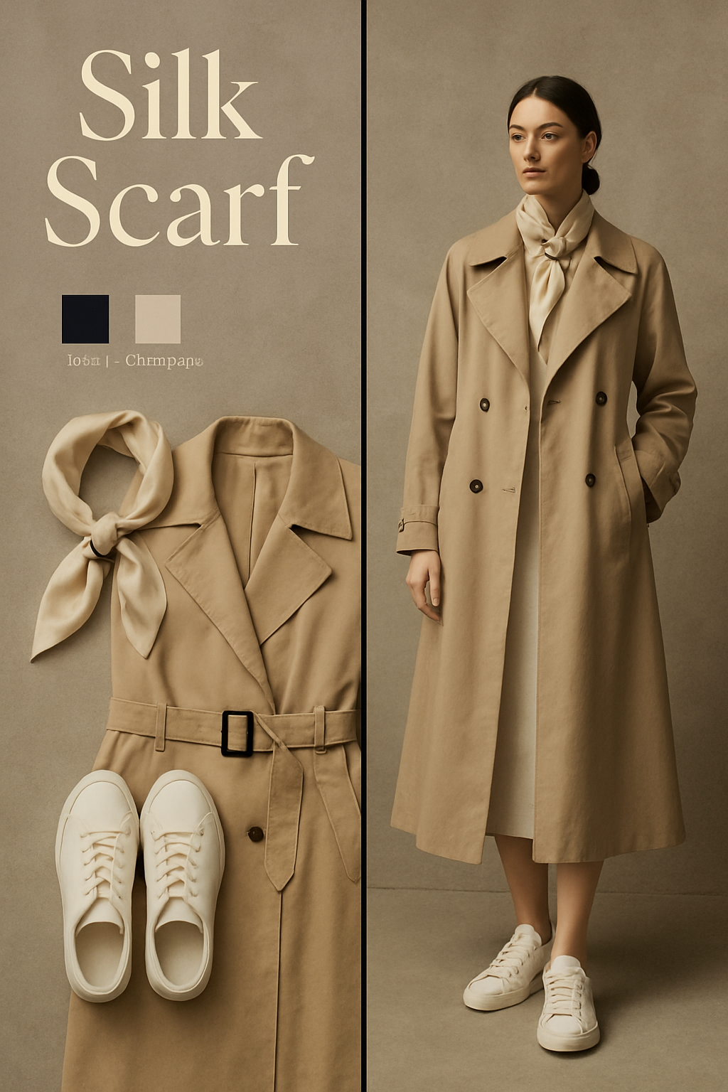 Silver brooch fastening a silk scarf over a beige trench coat