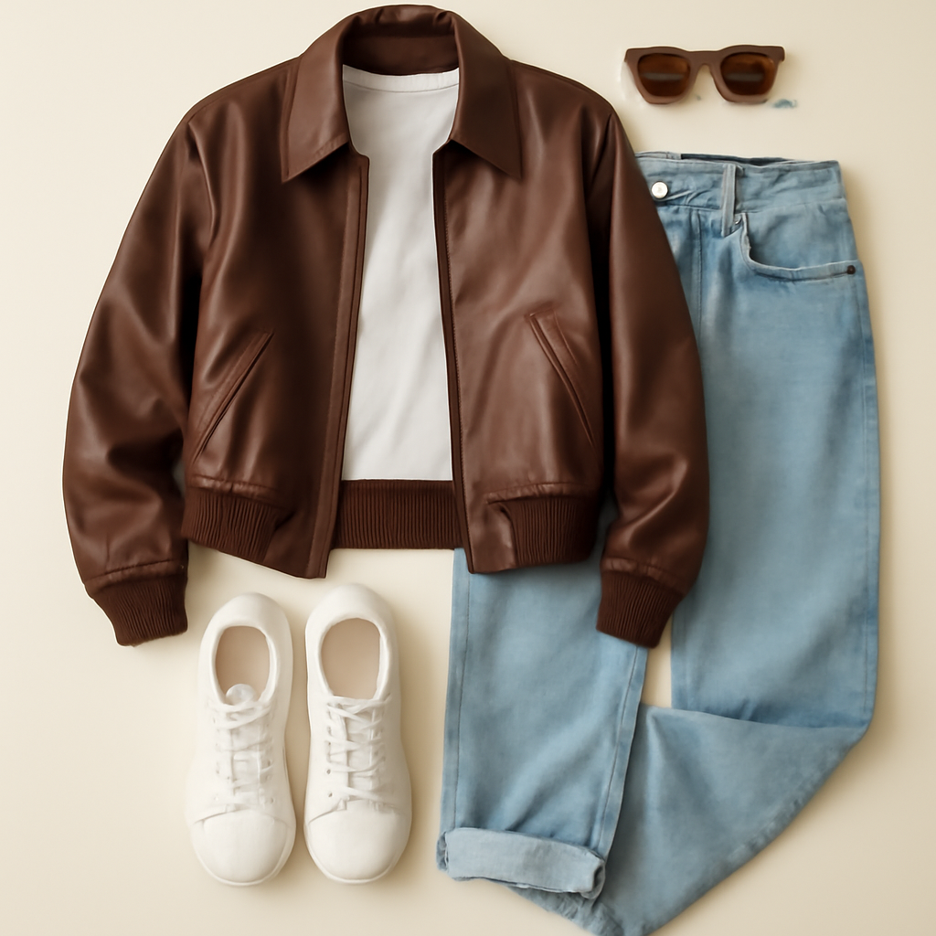 Brown leather bomber jacket outfit with white tee, baggy light-wash jeans and white sneakers