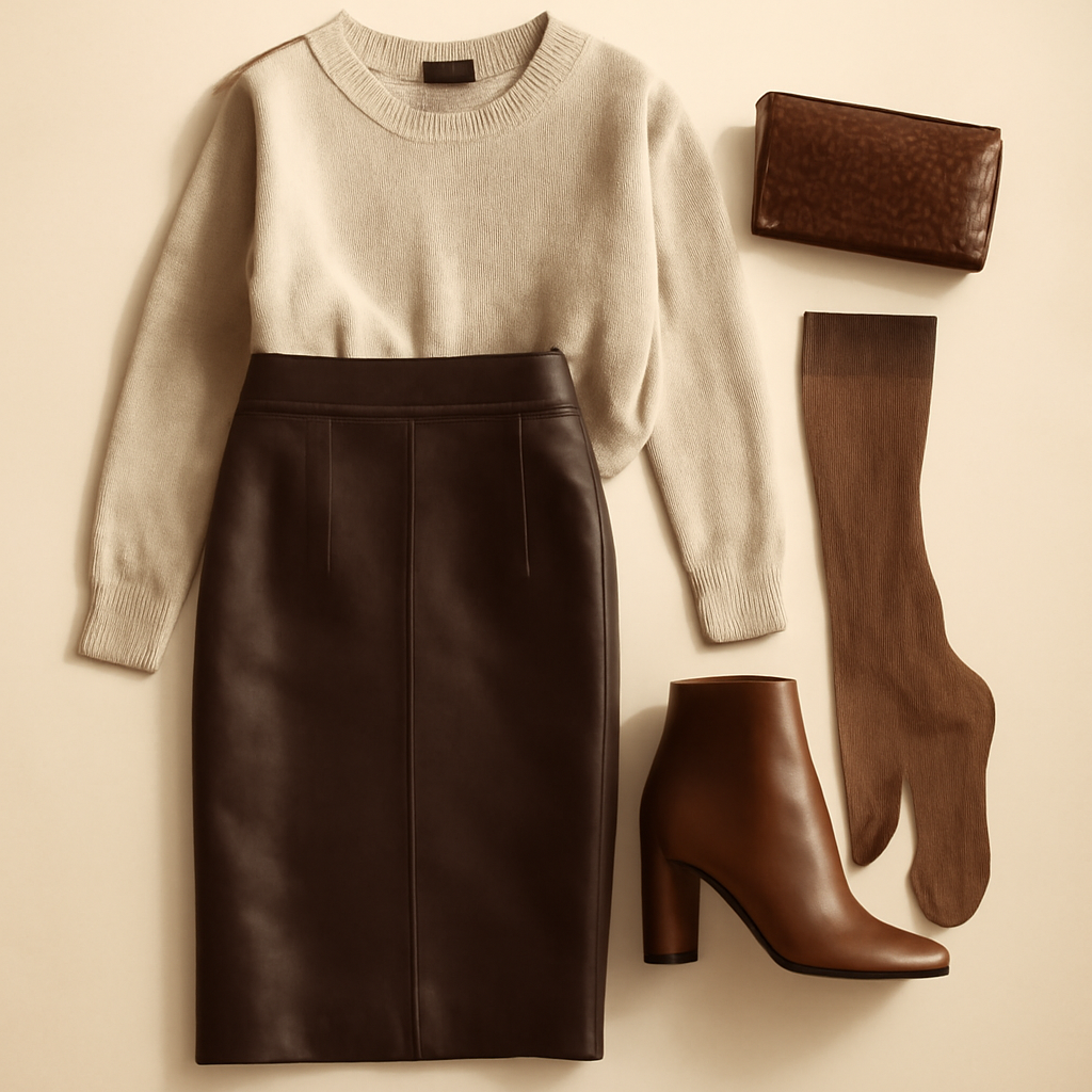 Brown leather pencil skirt outfit with oatmeal sweater, heeled ankle boots and croc-effect clutch