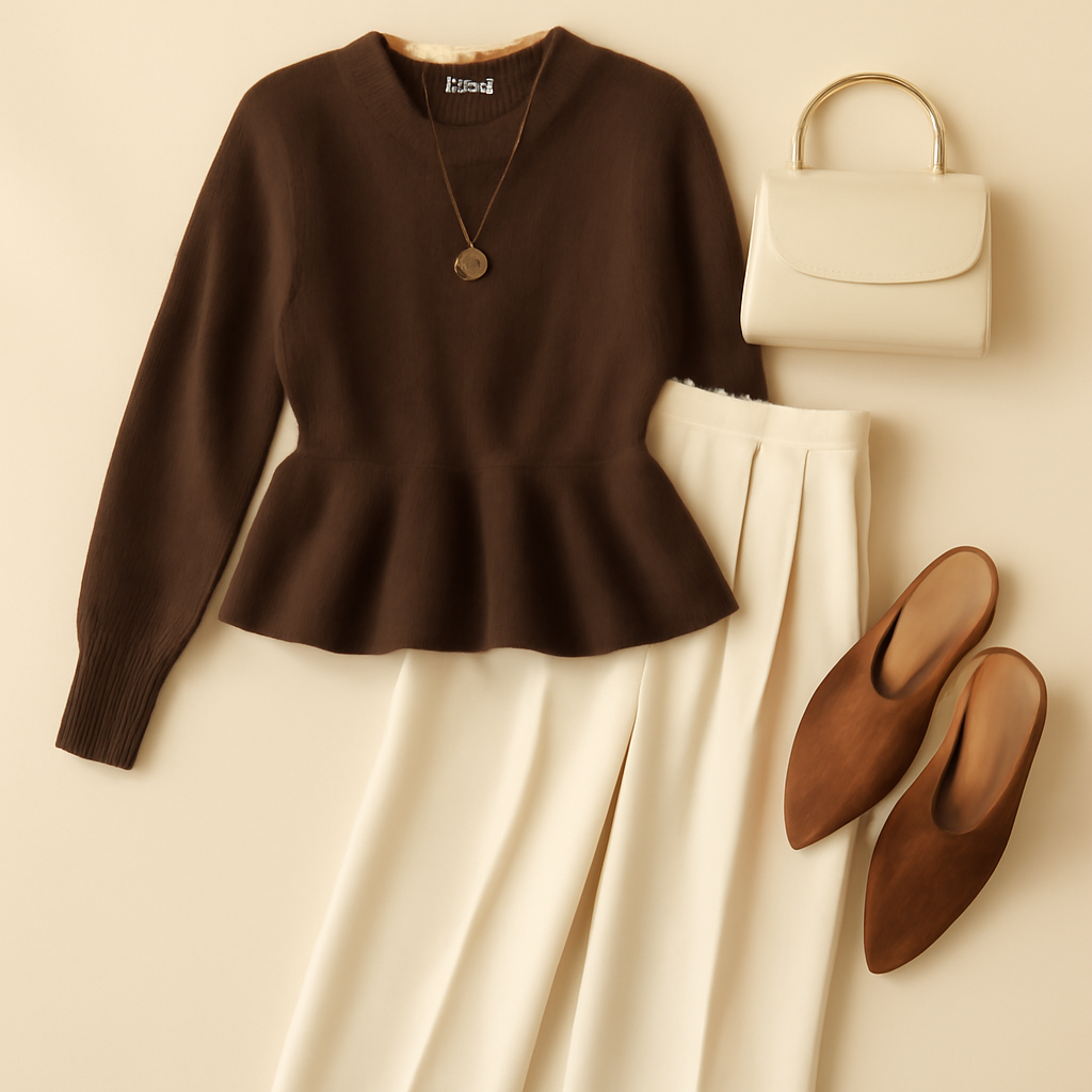 Chocolate brown peplum sweater outfit with cream wide-leg trousers, suede mules and cream bag