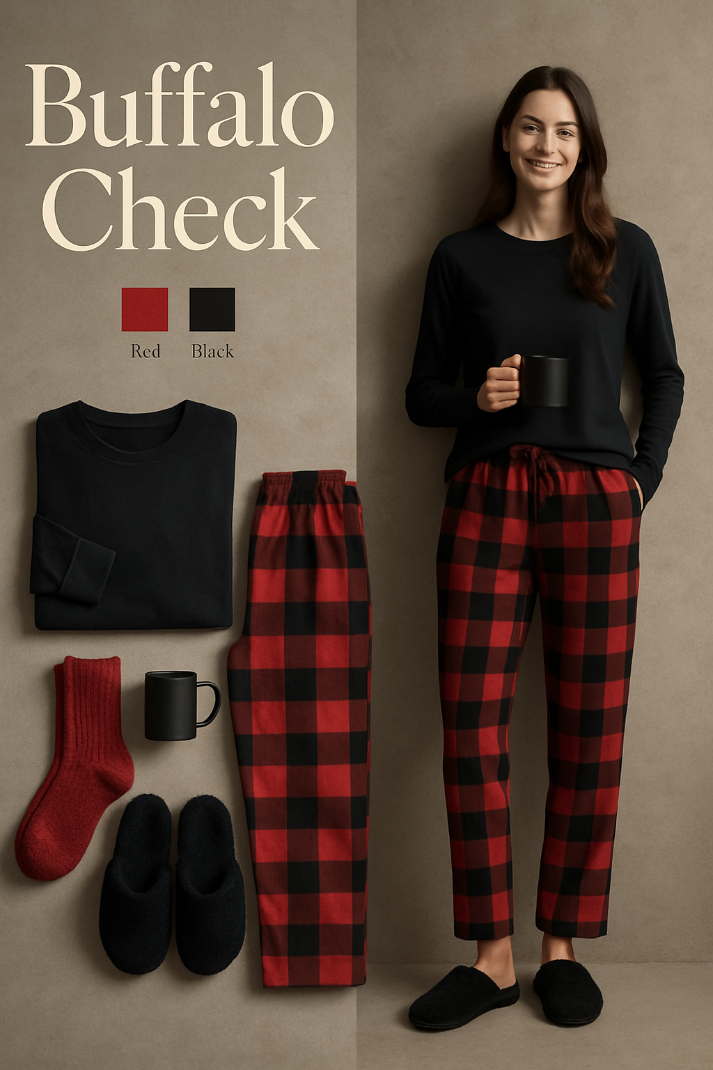 Black and red buffalo check Christmas pajamas for women