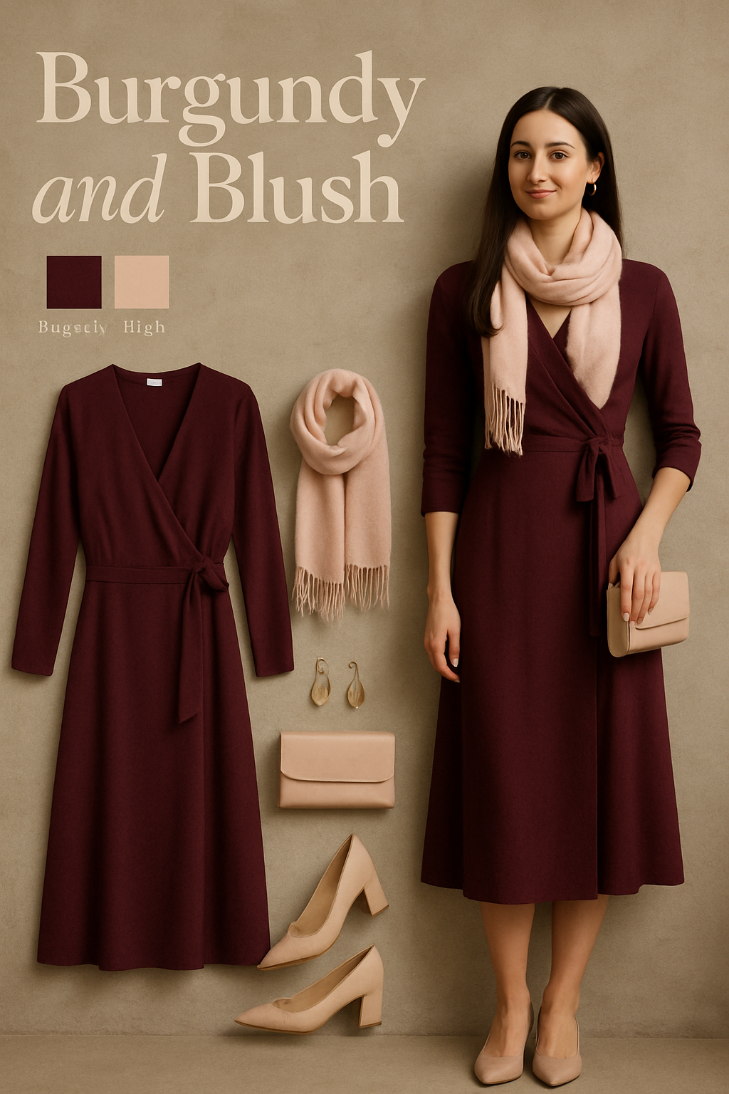 Burgundy and blush family photo outfit: burgundy wrap midi dress with blush scarf and nude block heels