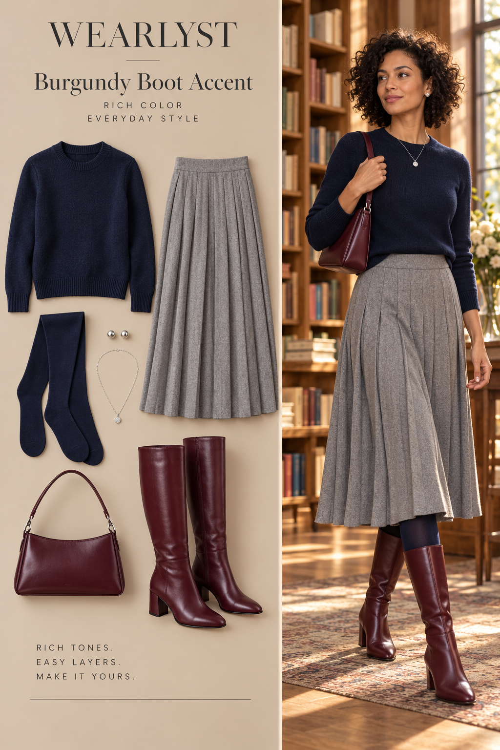 navy wool crewneck sweater with light gray wool pleated midi skirt