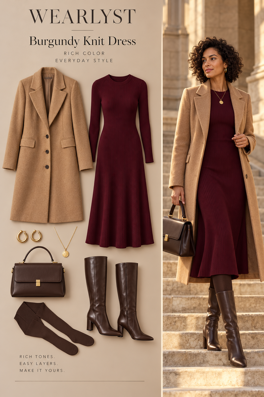 burgundy ribbed wool-blend midi dress with camel wool coat