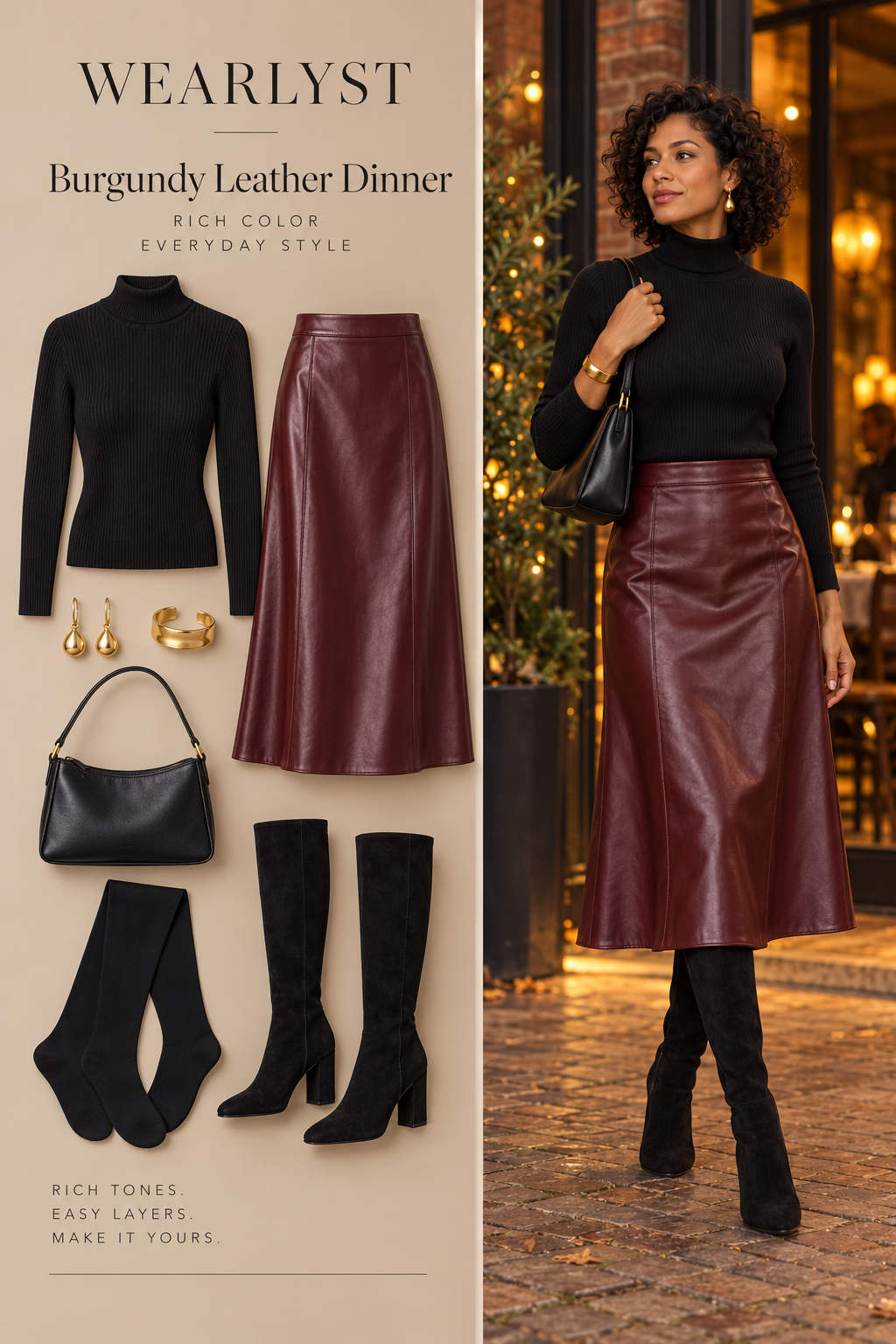 burgundy faux-leather midi skirt with black fine-knit merino turtleneck