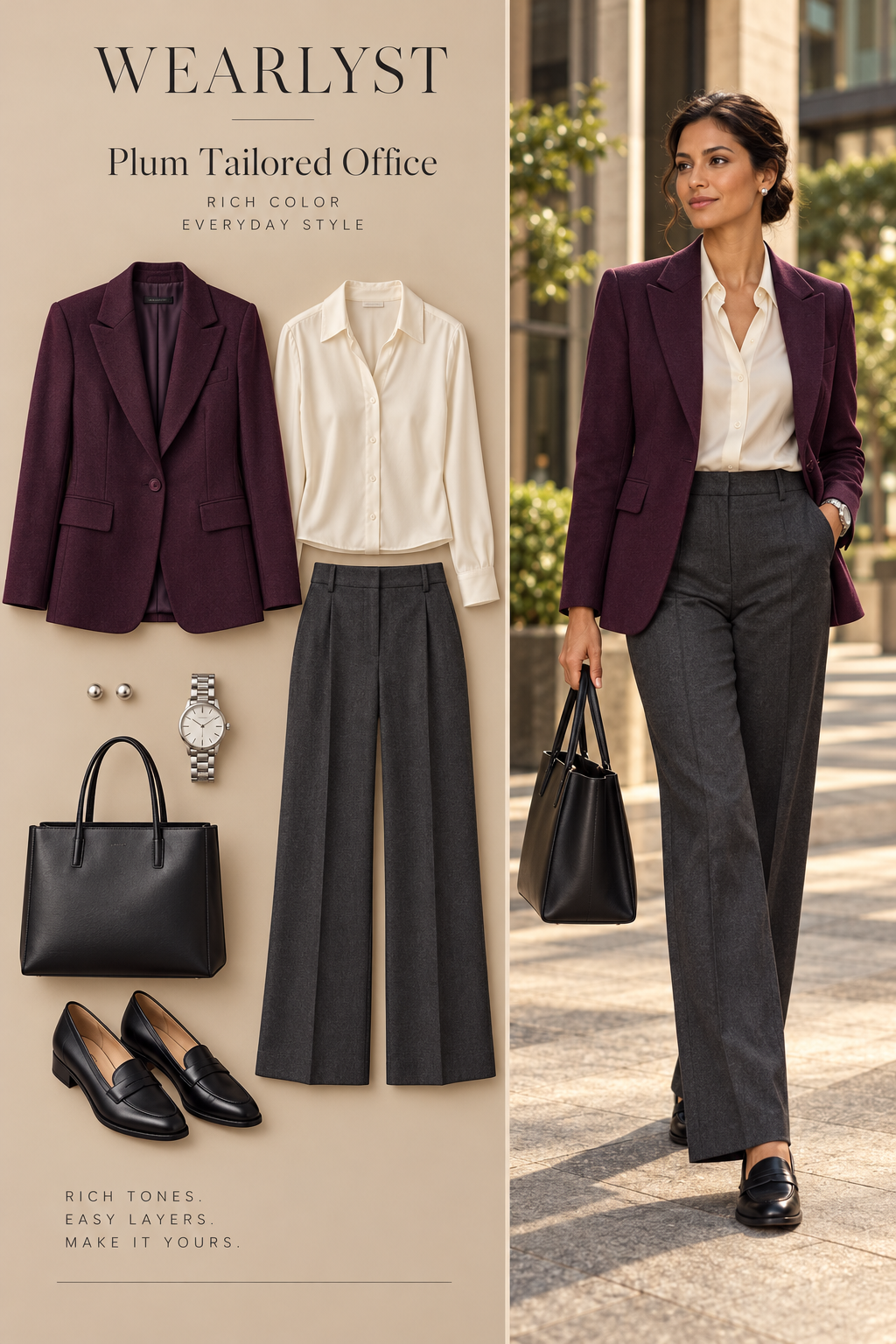 plum wool-blend blazer with ivory silk blouse