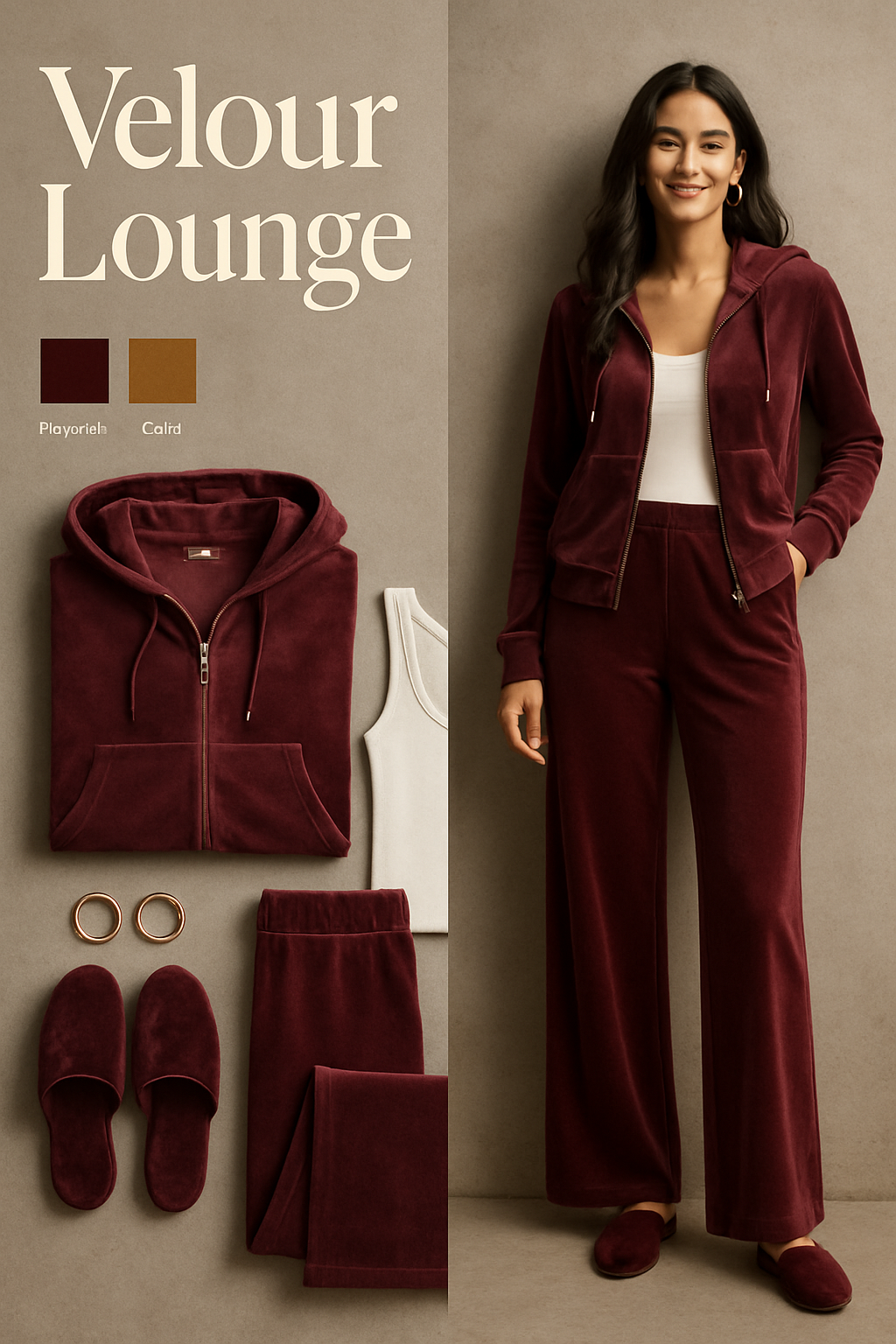 Burgundy velour lounge set for women, a festive Christmas pajama alternative