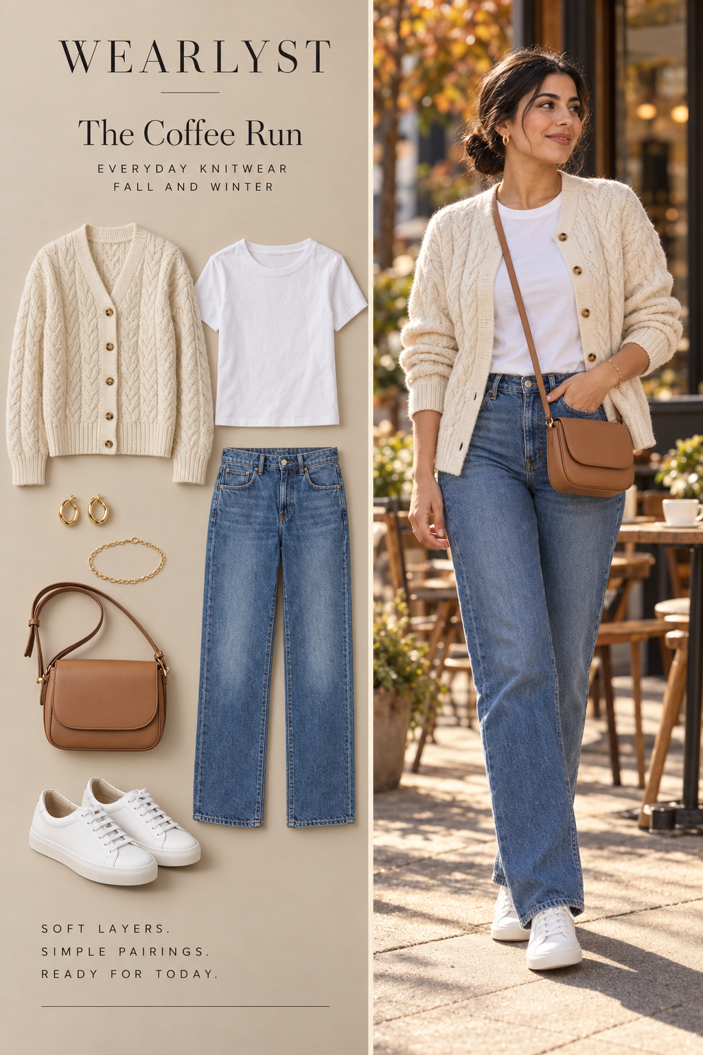 Cream cardigan and straight jeans for women